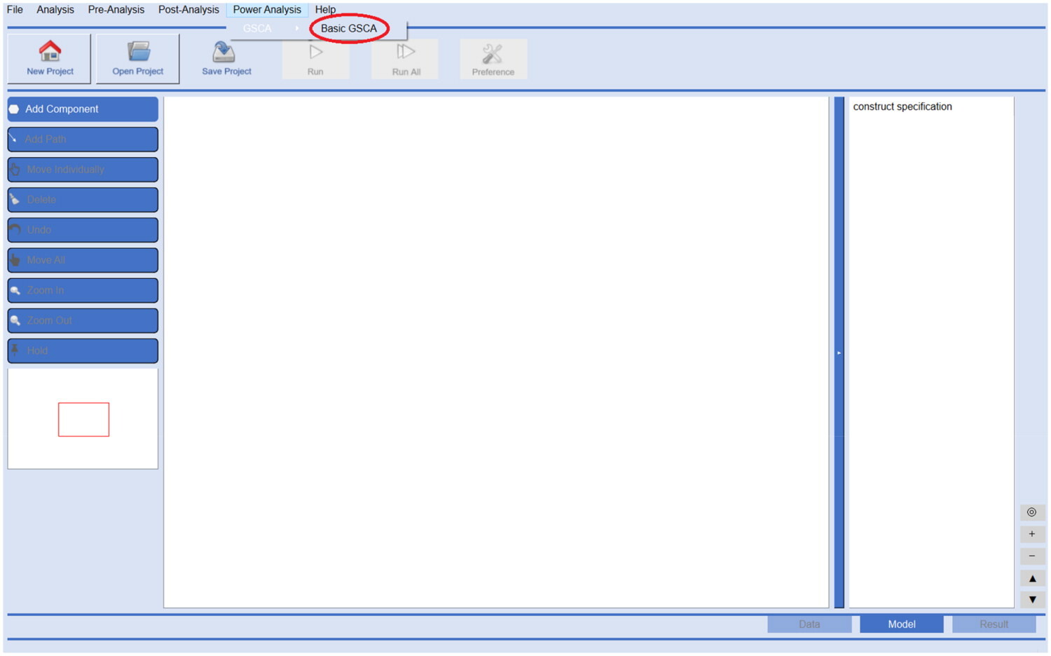 GSCA Pro interface showing the Power Analysis menu and the option for GSCA power analysis.
