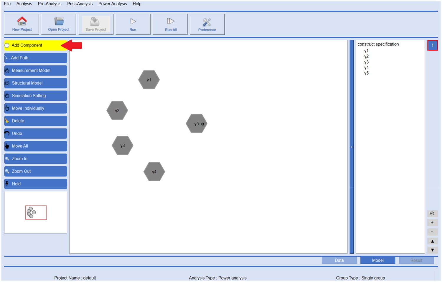 GSCA Pro power-analysis modeling interface with Add Component highlighted and five components displayed.