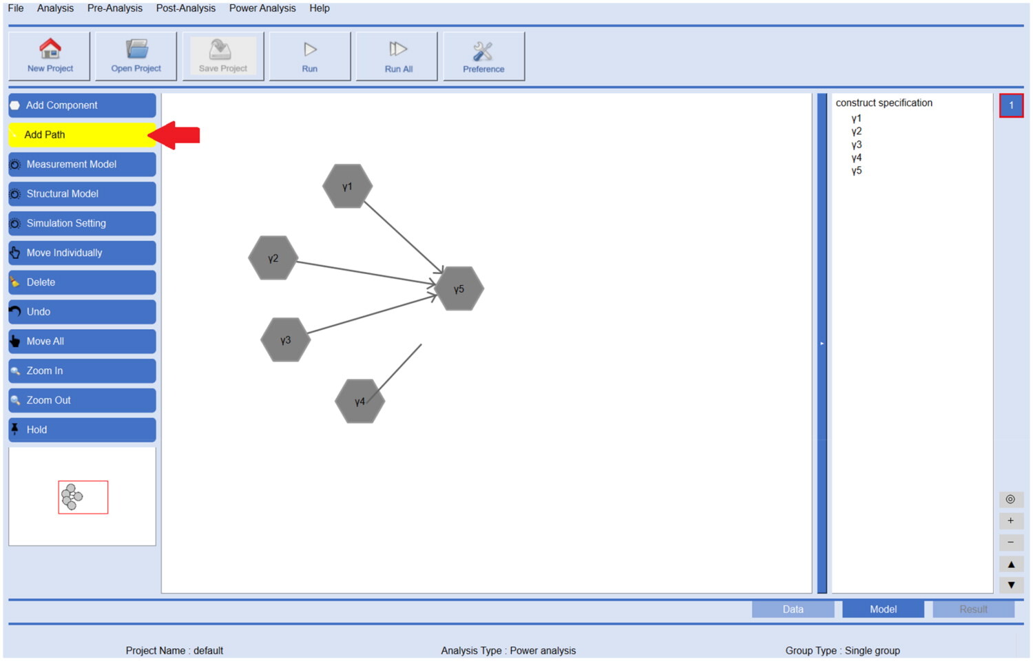 GSCA Pro modeling interface showing directed structural paths among the components.