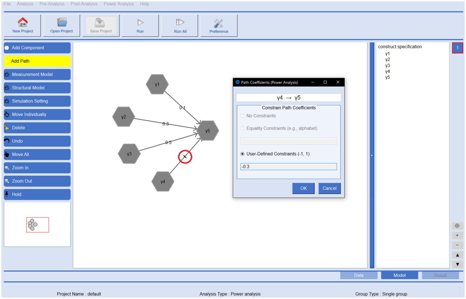 GSCA Pro interface for entering population values for the model's structural path coefficients.