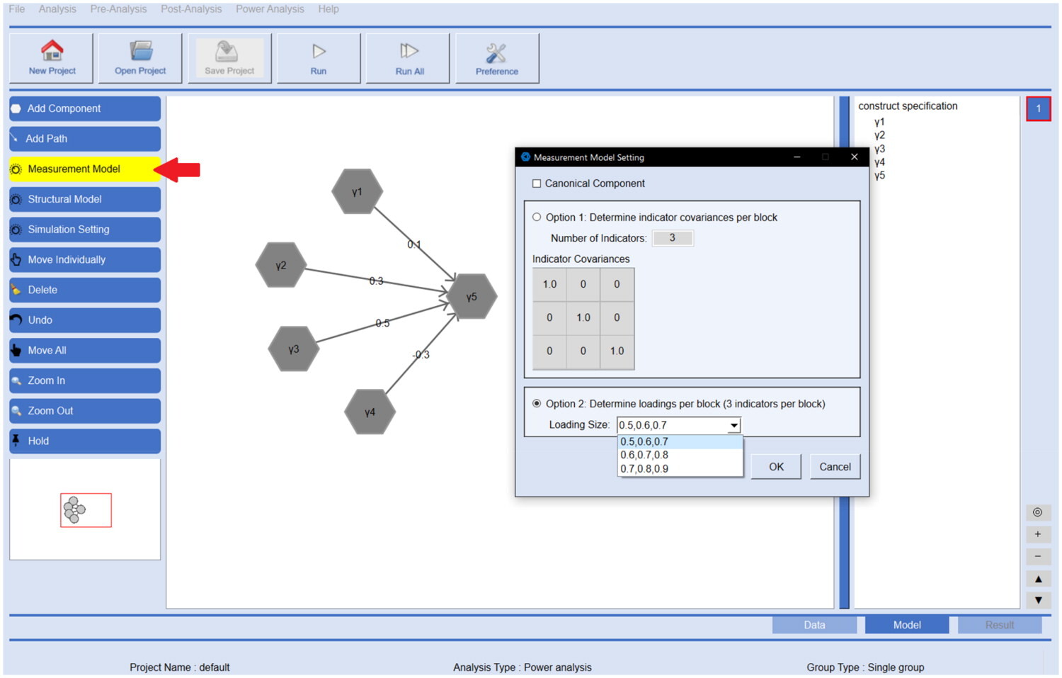 GSCA Pro measurement-model settings with Option 2 selected and a dropdown for specifying indicator-loading values.