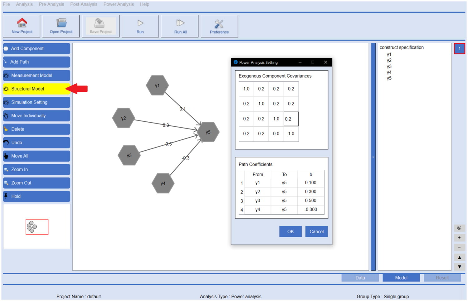 GSCA Pro structural-model settings interface for the power analysis.