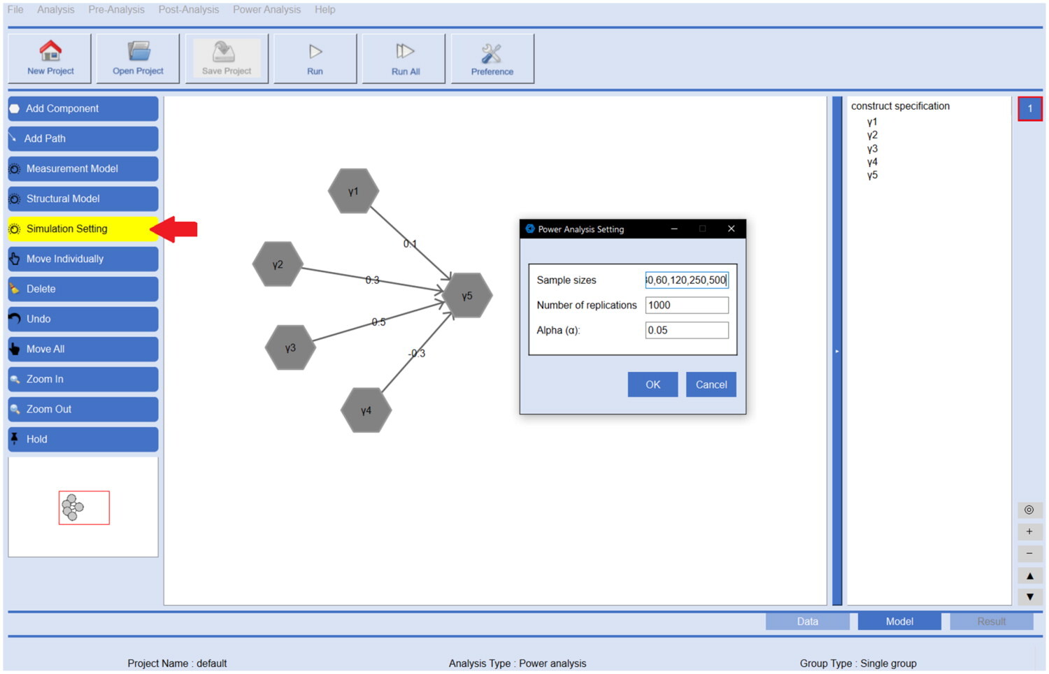 GSCA Pro simulation settings for candidate sample sizes, Monte Carlo replications, and significance level.